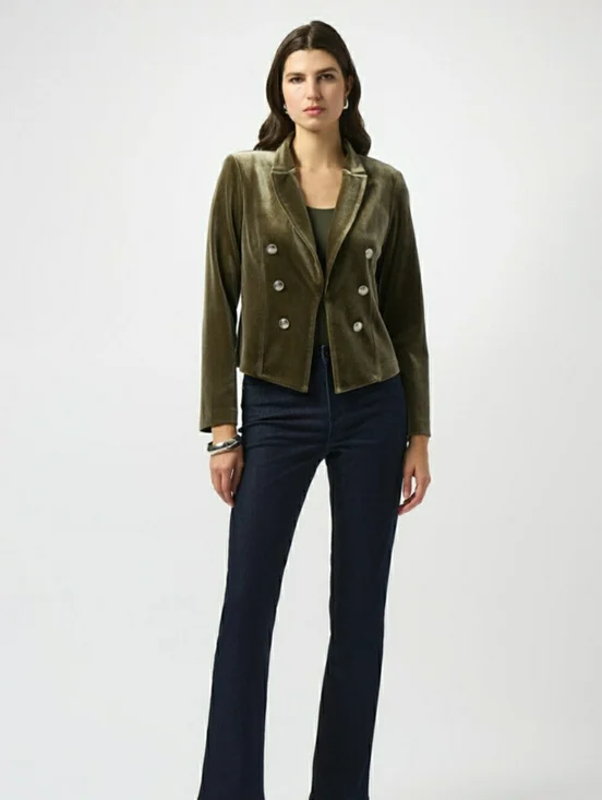 Joseph Ribkoff Olive Velvet Double-Breasted Blazer Jacket - Women - Picture 2 of 11